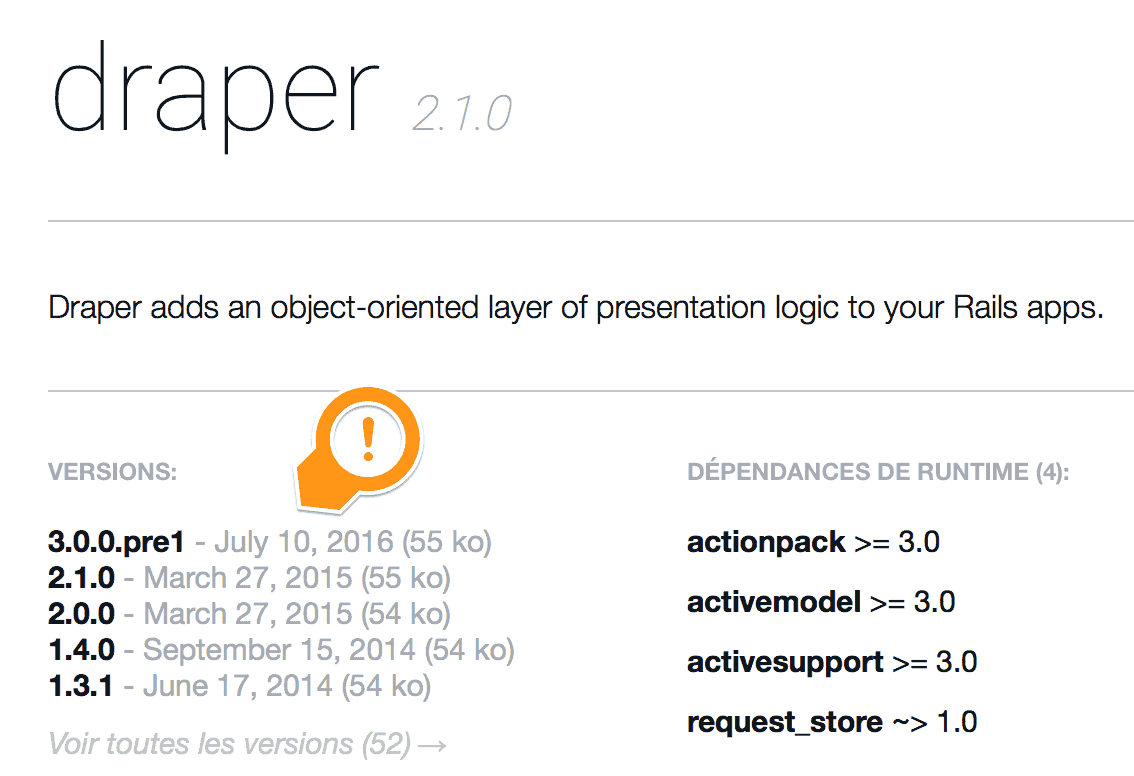 La gem Draper bloquée en version 3.0.0-pre sur Rubygems depuis juillet 2016